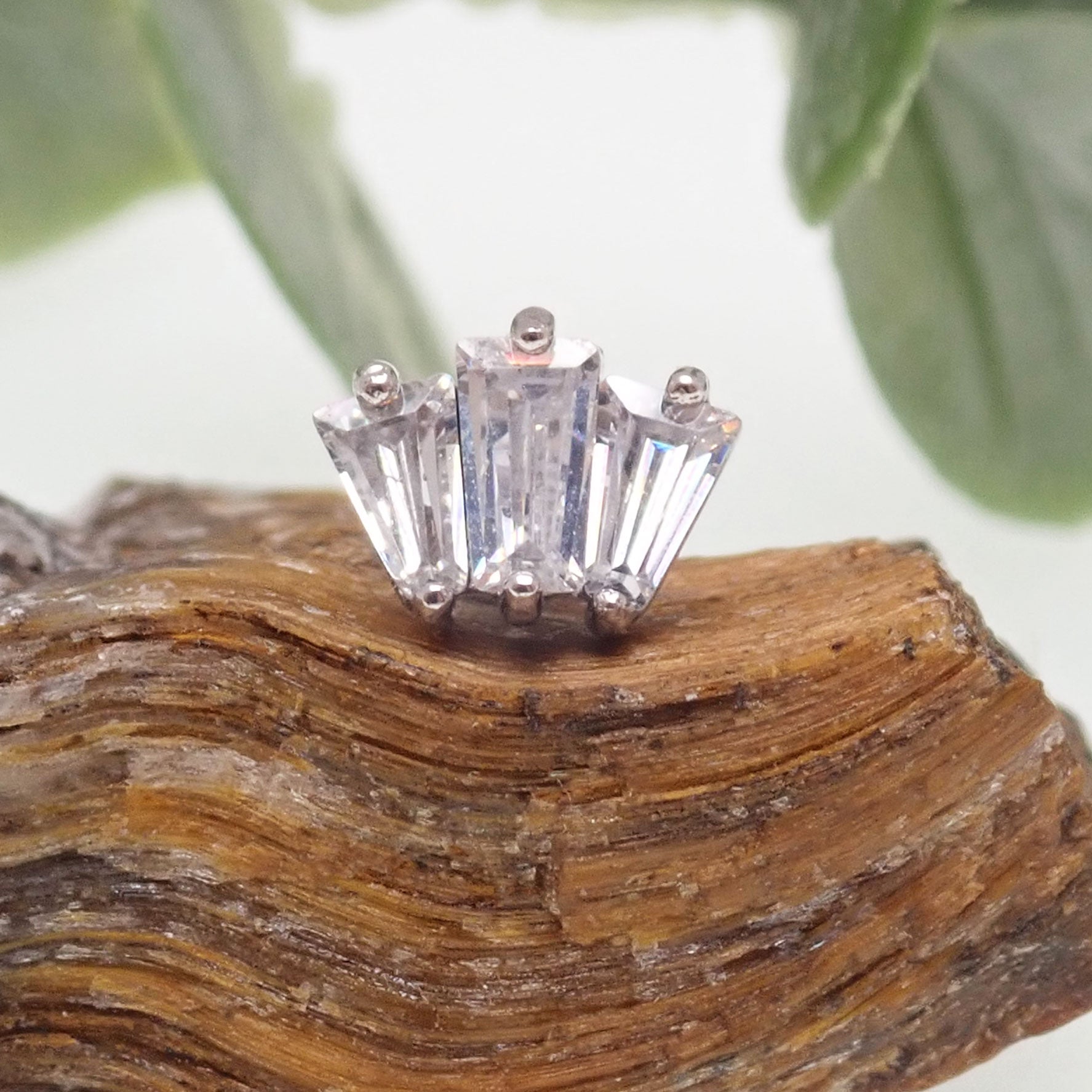 Marquise 3-stone 14k gold push fit body jewelry by Body Clickers, 20g with 6mm stones, displayed on a plain background.