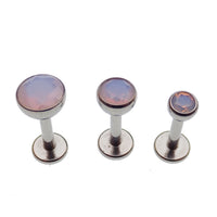 Opalite flatback labret body jewelry set by Body Clickers with push-fit design in 20g, 18g, 16g, and 14g gauges.