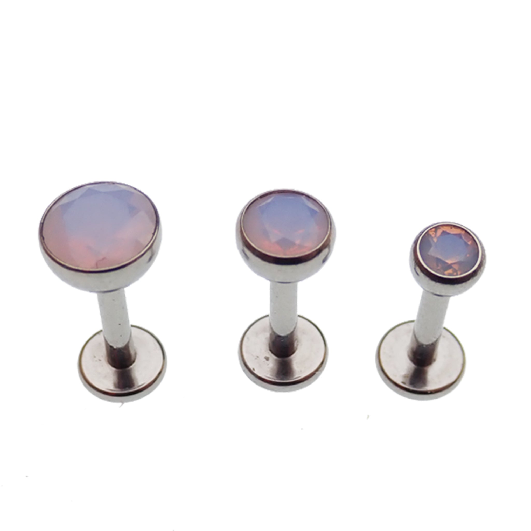 Opalite flatback labret body jewelry set by Body Clickers with push-fit design in 20g, 18g, 16g, and 14g gauges.