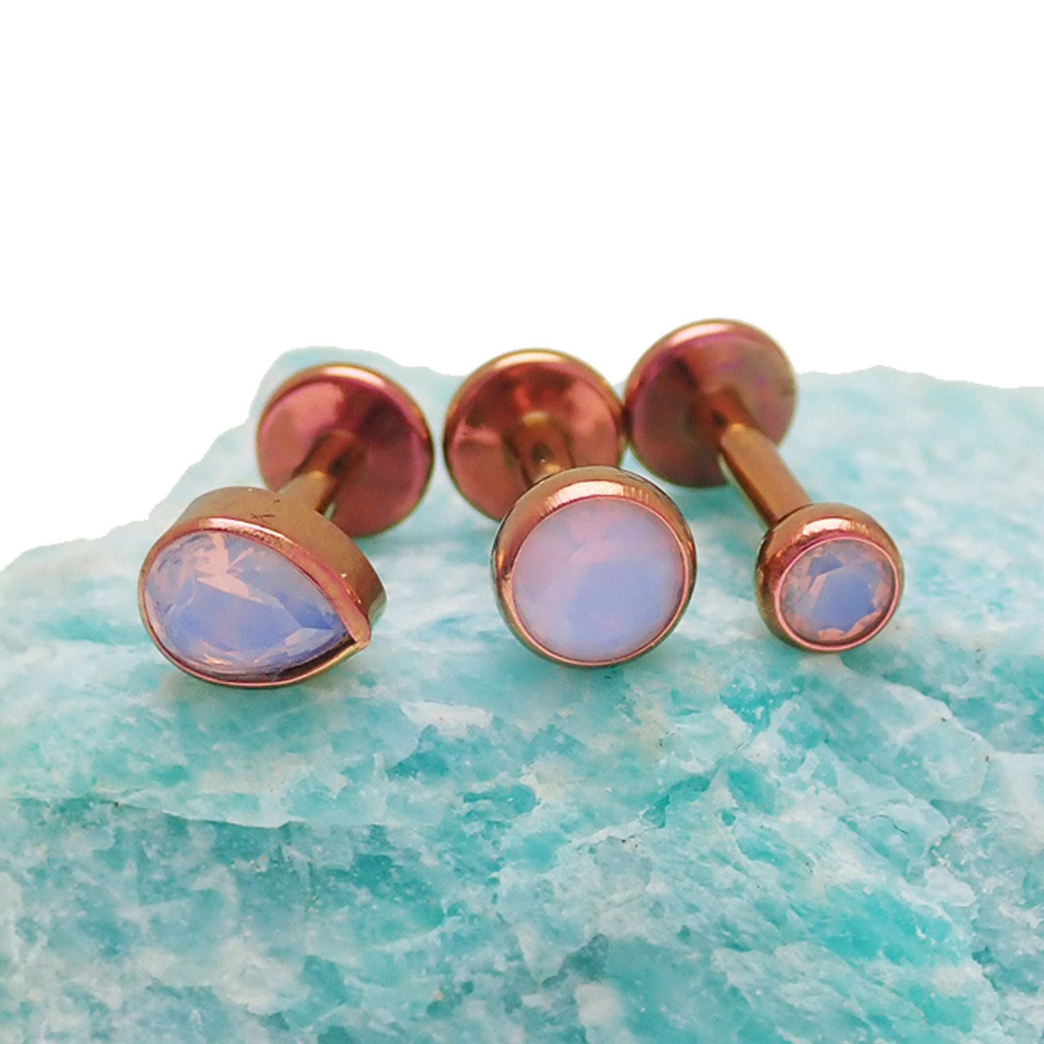 Opalite 3 - Set Rose Gold Anodized Teardrop PUSH FIT Flatback Labret 20g, 18g, 16g, 14g - Body Clickers Body Jewelry