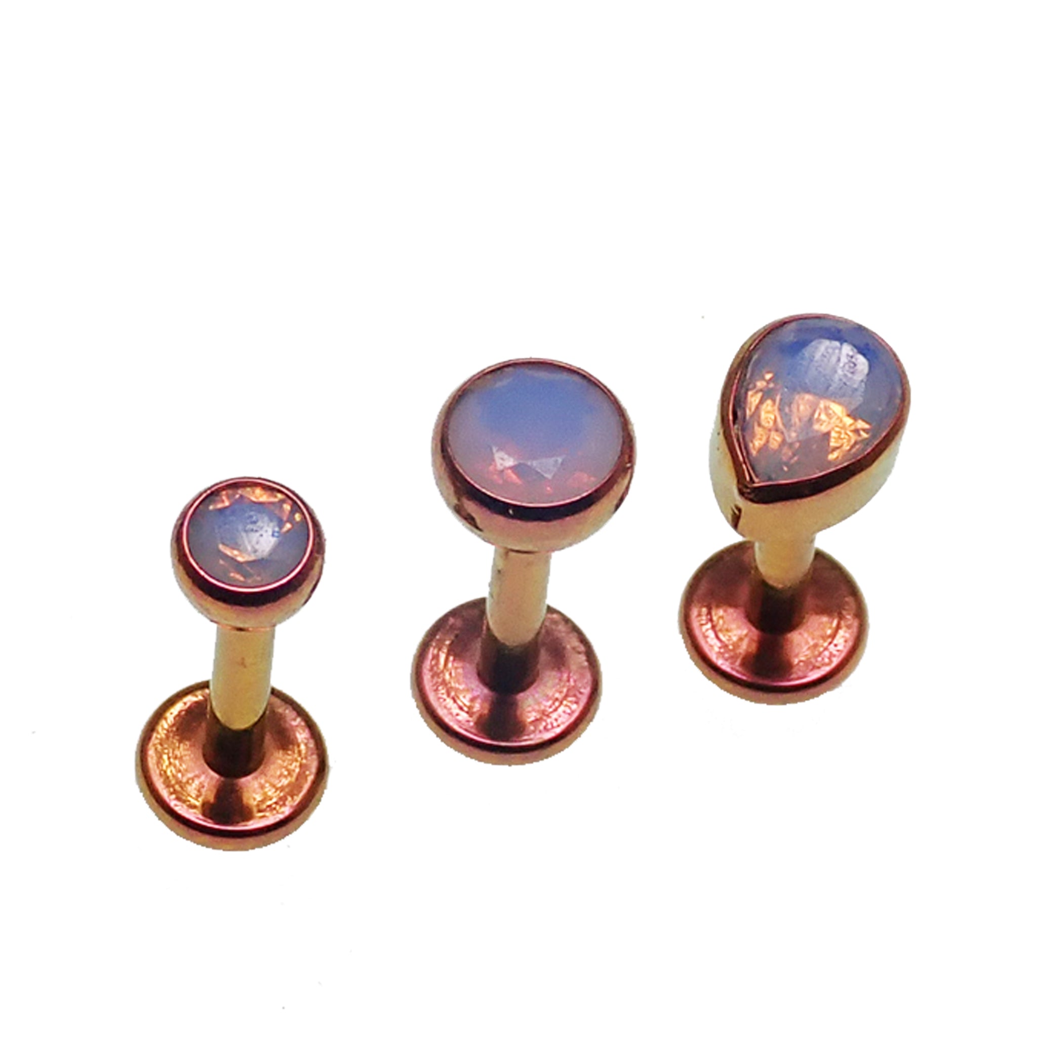 Opalite 3 - Set Rose Gold Anodized Teardrop PUSH FIT Flatback Labret 20g, 18g, 16g, 14g - Body Clickers Body Jewelry