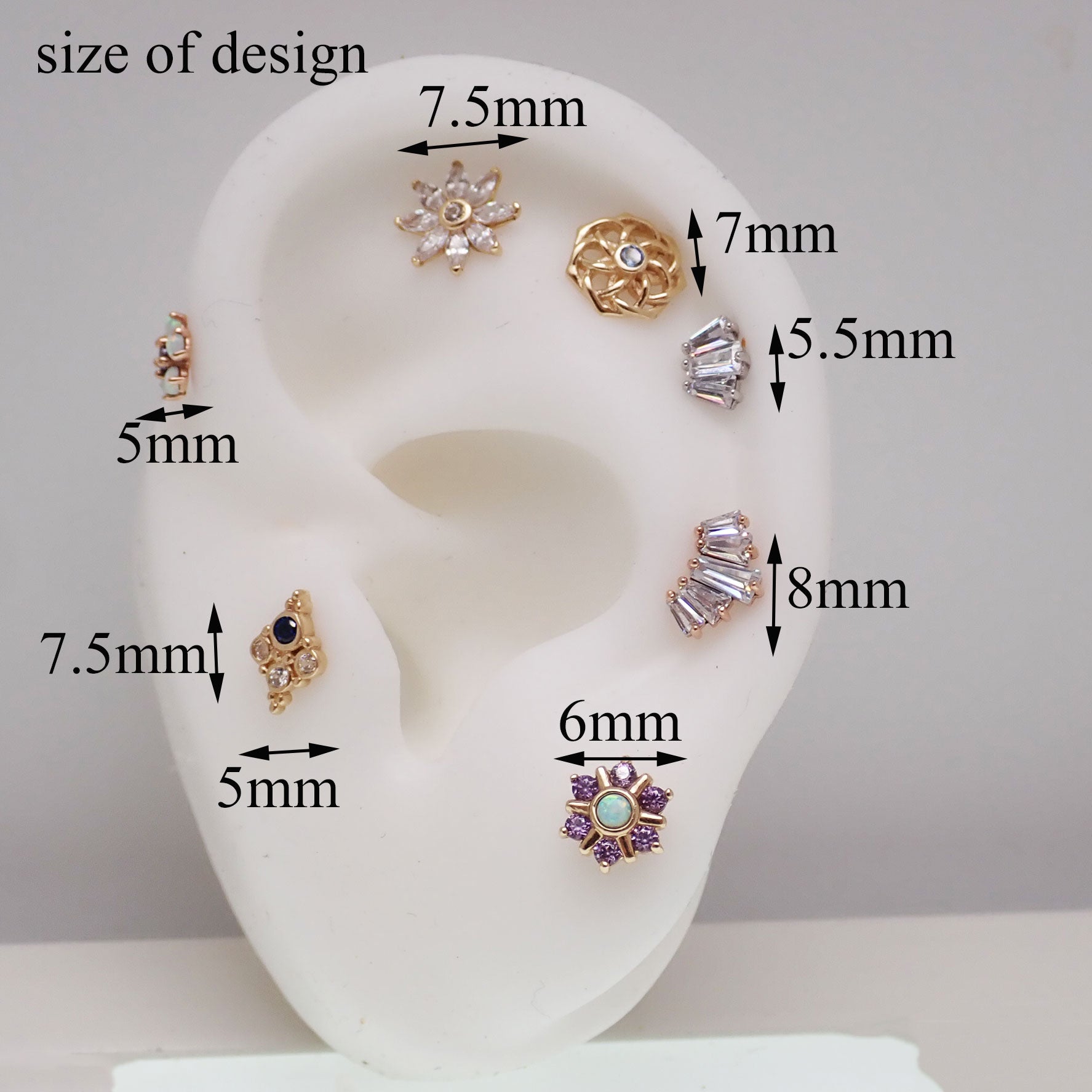 Sapphire blue cluster 14k gold push fit body jewelry by Body Clickers, 20g with 6mm gemstone cluster.