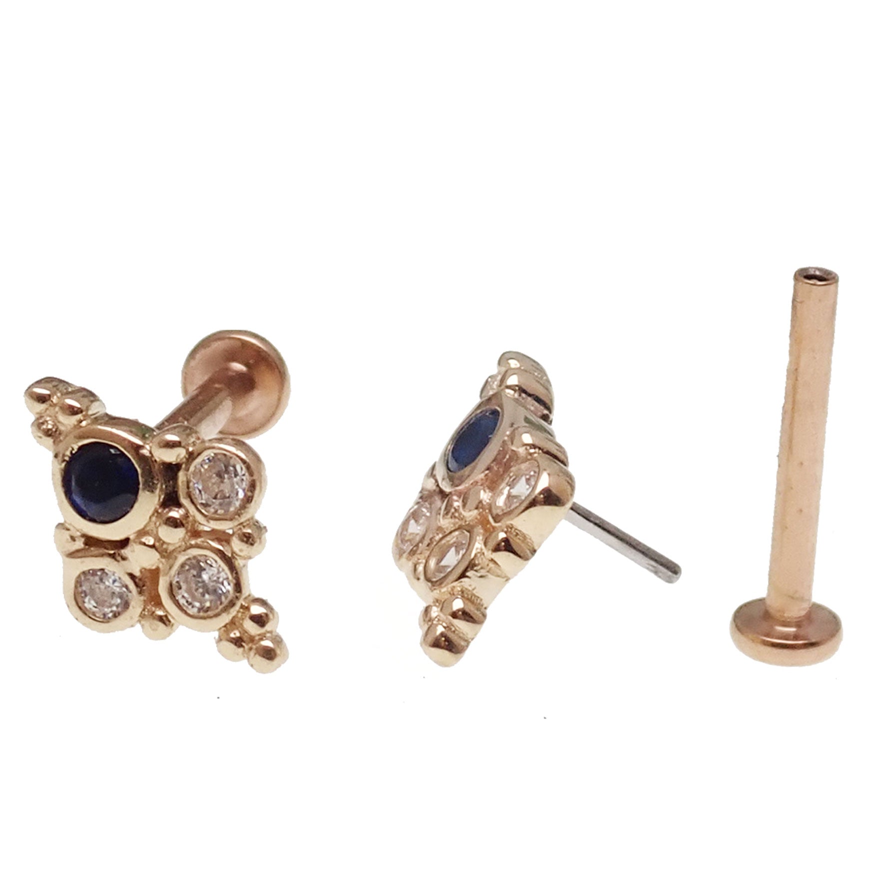 Sapphire blue cluster 14k gold push fit body jewelry by Body Clickers, 20g size with 6mm gemstone cluster.