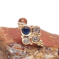 Sapphire blue cluster 14k gold push fit body jewelry by Body Clickers, 20g gauge with 6mm gemstone cluster.