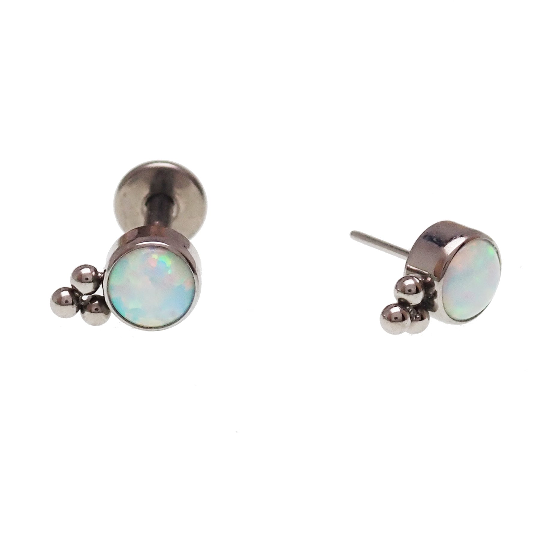 White opal beaded flat back body jewelry by Body Clickers in 14g, 16g, 18g, and 20g sizes, featuring a sleek bead design.