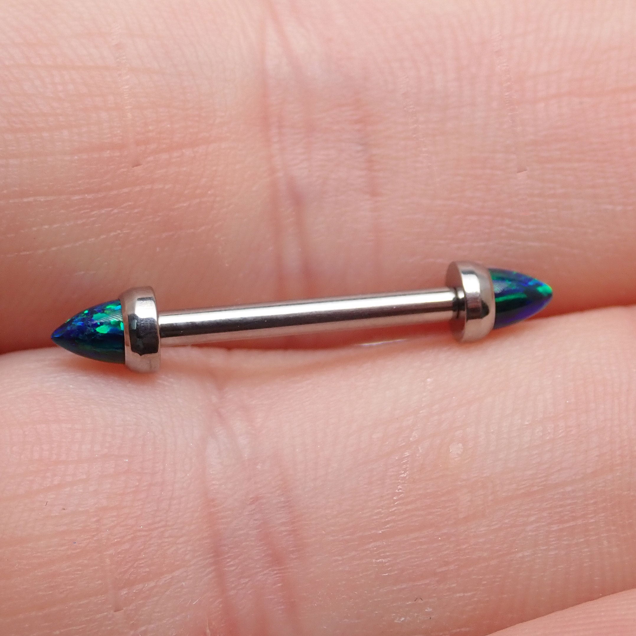 Galaxy Opal industrial piercing body jewelry by Body Clickers, 14g industrial design with galaxy-themed opal stone.