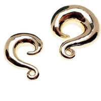 Gold-dipped curvy brass body jewelry plugs in 2g, 0g, and 00g sizes, featuring a polished, curved design by Body Clickers.