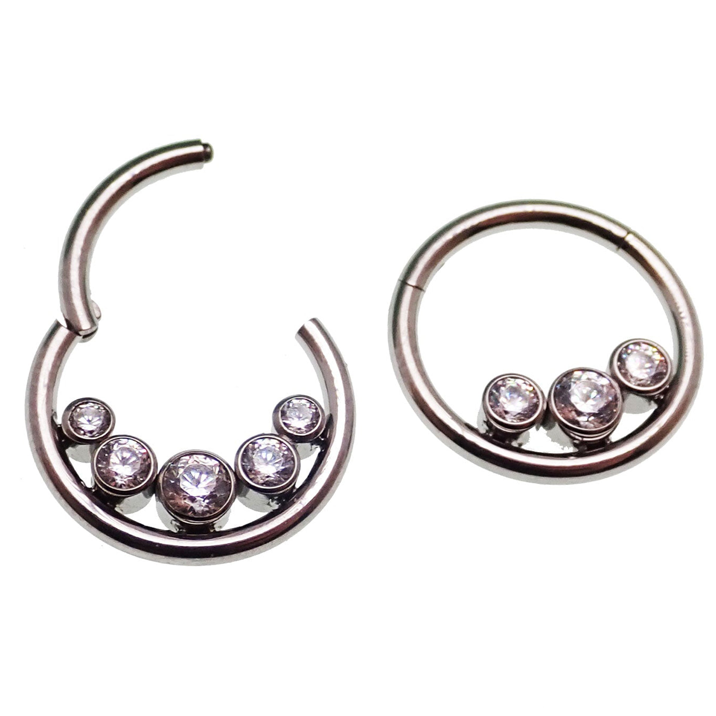 Inverted zircon crystal clicker body jewelry in 16g with three-stone design by Body Clickers, showcasing sparkling crystals and sleek metal.