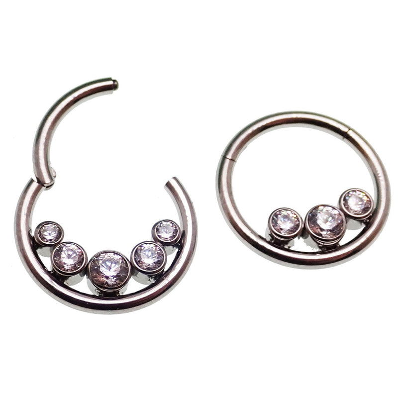 Inverted zircon crystal clicker body jewelry in 16g with three-stone design by Body Clickers, showcasing sparkling crystals and sleek metal.