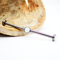 Titanium internally threaded opal industrial body jewelry with five parts from Body Clickers, showcasing polished metal and colorful opal accents.