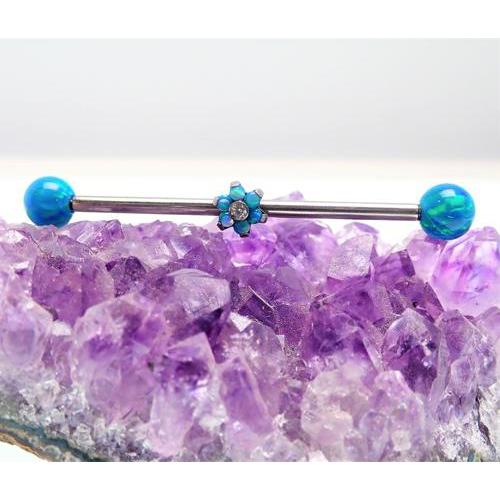Peacock blue opal industrial barbell jewelry in 14g, Body Clickers body jewelry with a sleek 32mm design.