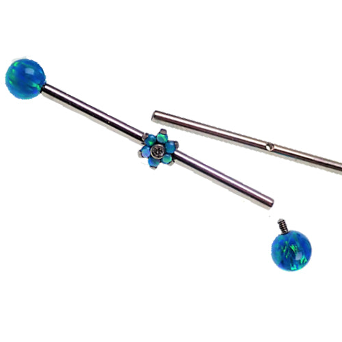 Peacock blue opal industrial barbell body jewelry by Body Clickers, 14g, with a sleek 32mm design and vibrant blue gemstone.