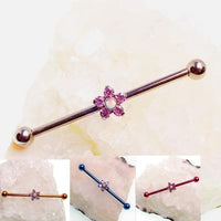 Titanium drilled industrial barbell with a flower design, 14g Body Clickers body jewelry for ear piercing.