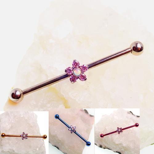 Titanium drilled industrial barbell with a flower design, 14g Body Clickers body jewelry for ear piercing.
