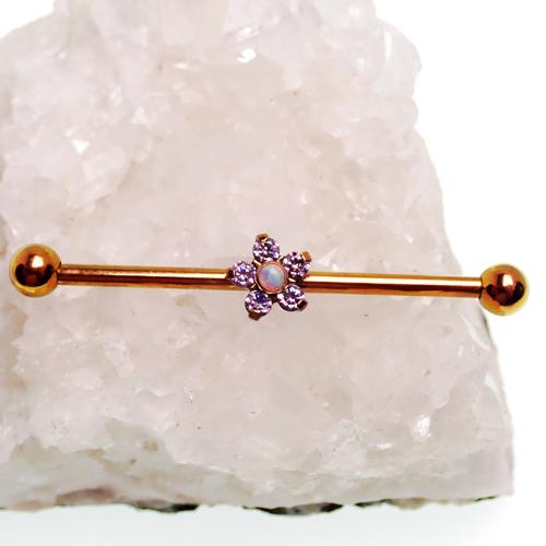 Titanium drilled industrial body jewelry with a flower design, 14g, by Body Clickers, featuring a 32mm length.