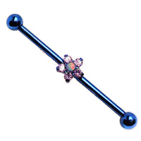 Titanium drilled industrial body jewelry with a flower design in 14g size by Body Clickers, showing the jewelry's detailed features.