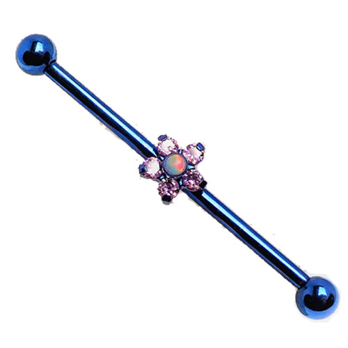 Titanium drilled industrial body jewelry with a flower design in 14g size by Body Clickers, showing the jewelry's detailed features.