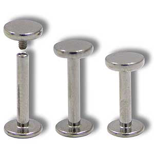 Titanium flat disc labret body jewelry by Body Clickers, 3mm diameter, 14g gauge, internally threaded implant design.