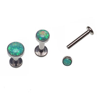 Body Clickers titanium implant flatback piercing with Kiwi green opal, 14g, 3mm, internally threaded body jewelry.