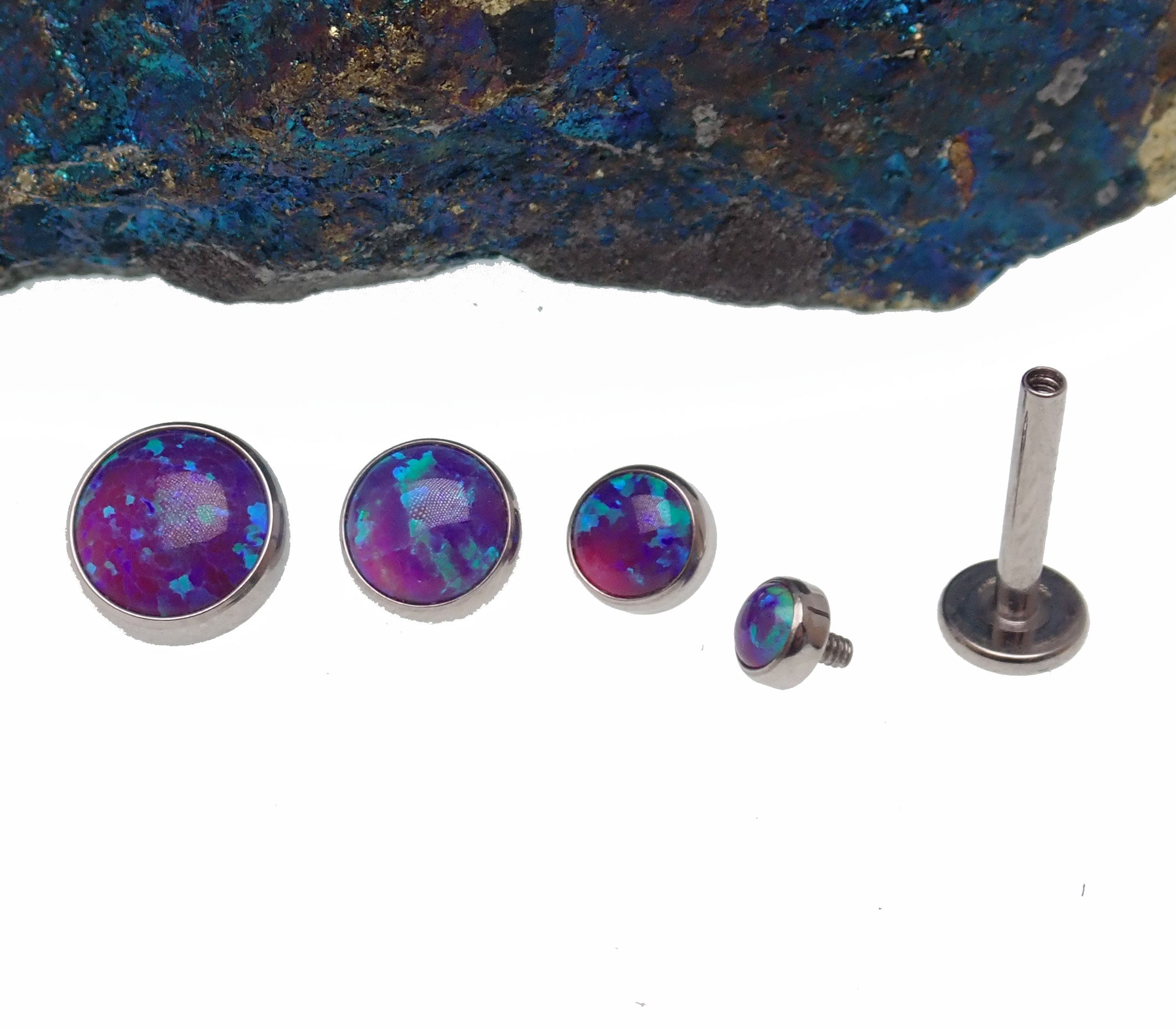 Sleepy Lavender Opal flat-back body jewelry by Body Clickers, 14g internally threaded piercing with 3mm diameter.
