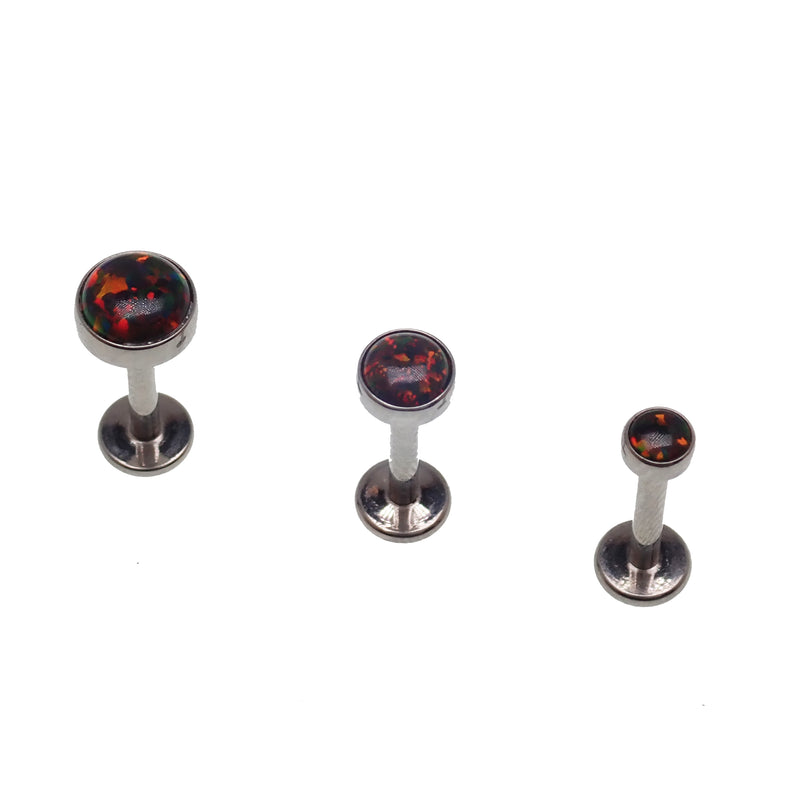 Black cherry opal flat back body jewelry piercing in 14g, 16g, or 18g by Body Clickers, featuring a vibrant gemstone design.