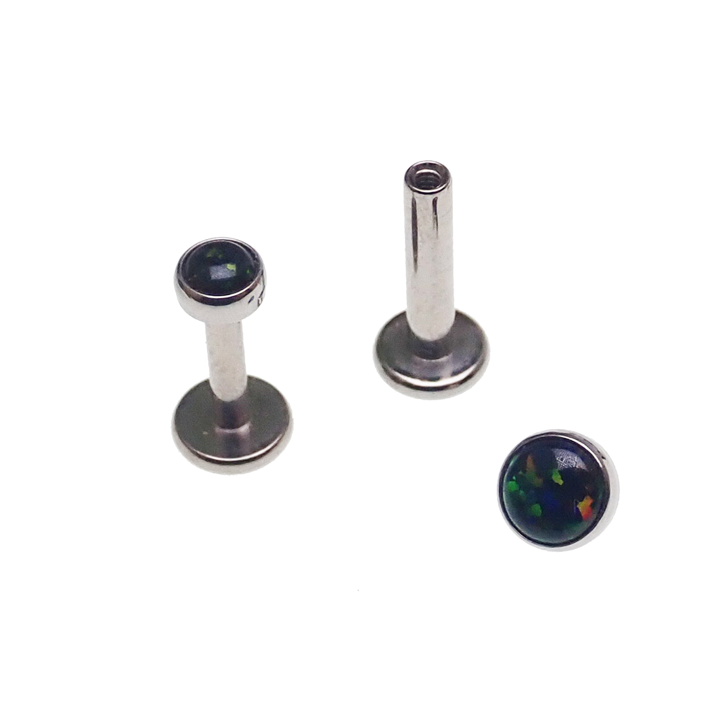 Black Opal Titanium Flatback Piercing by Body Clickers, internally threaded body jewelry in 18G with 3mm diameter and 6mm length.