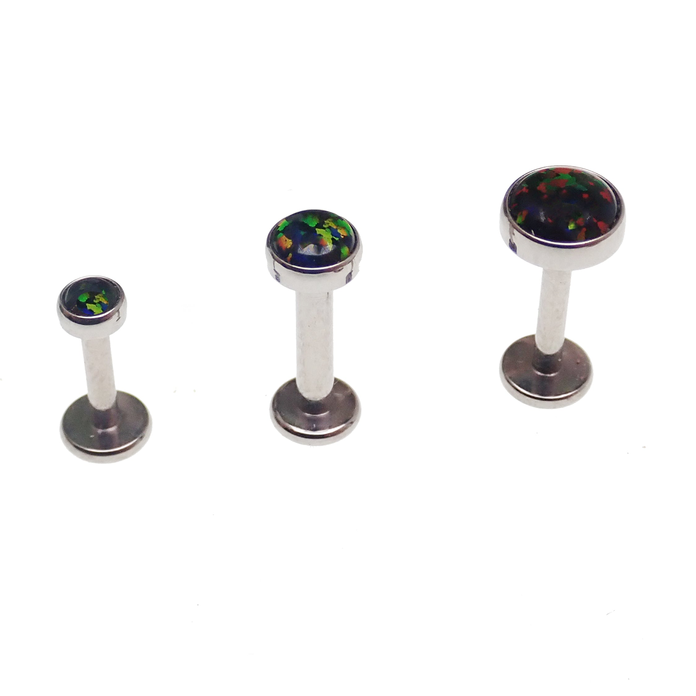 Black Opal titanium flatback body piercing by Body Clickers, 3mm, 18g, internally threaded, designed for body jewelry.