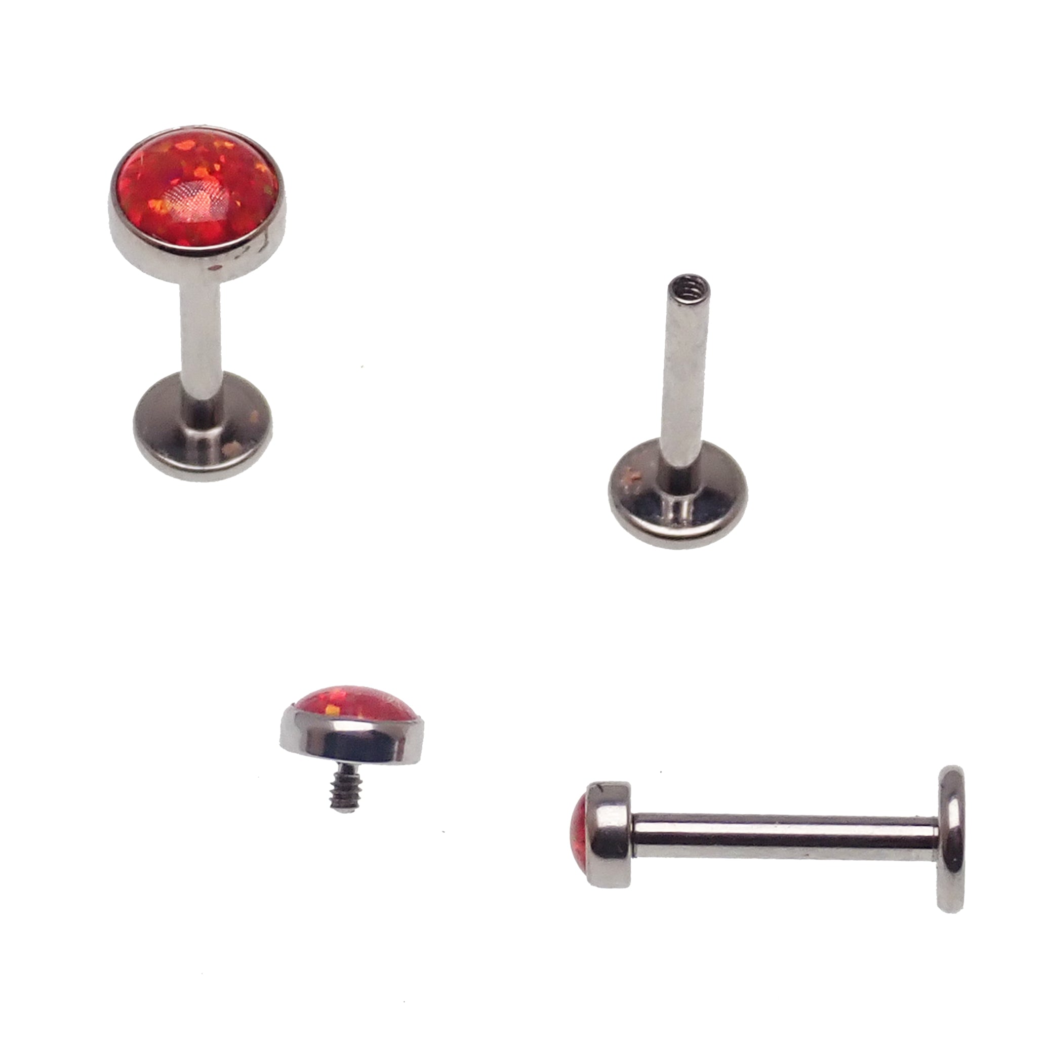 Fire opal flat back body piercing by Body Clickers in 14g, 16g, or 18g, featuring a colorful 3mm gemstone for body jewelry.