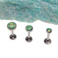 Green olive opal flat back body piercing by Body Clickers in 14g, 16g, 18g gauges, showcasing smooth, colorful jewelry detail.