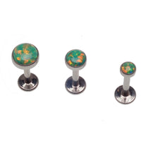 Green olive opal flat back piercing by Body Clickers in 14g, 16g, or 18g body jewelry, featuring a 3mm gemstone design.