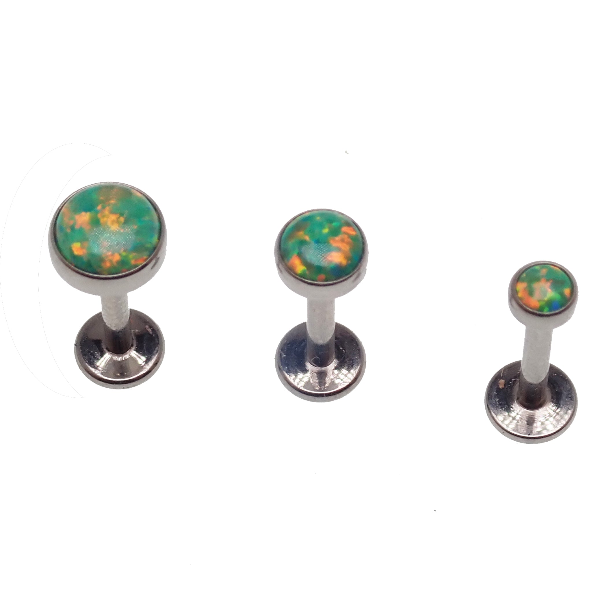 Green olive opal flat back piercing by Body Clickers in 14g, 16g, or 18g body jewelry, featuring a 3mm gemstone design.