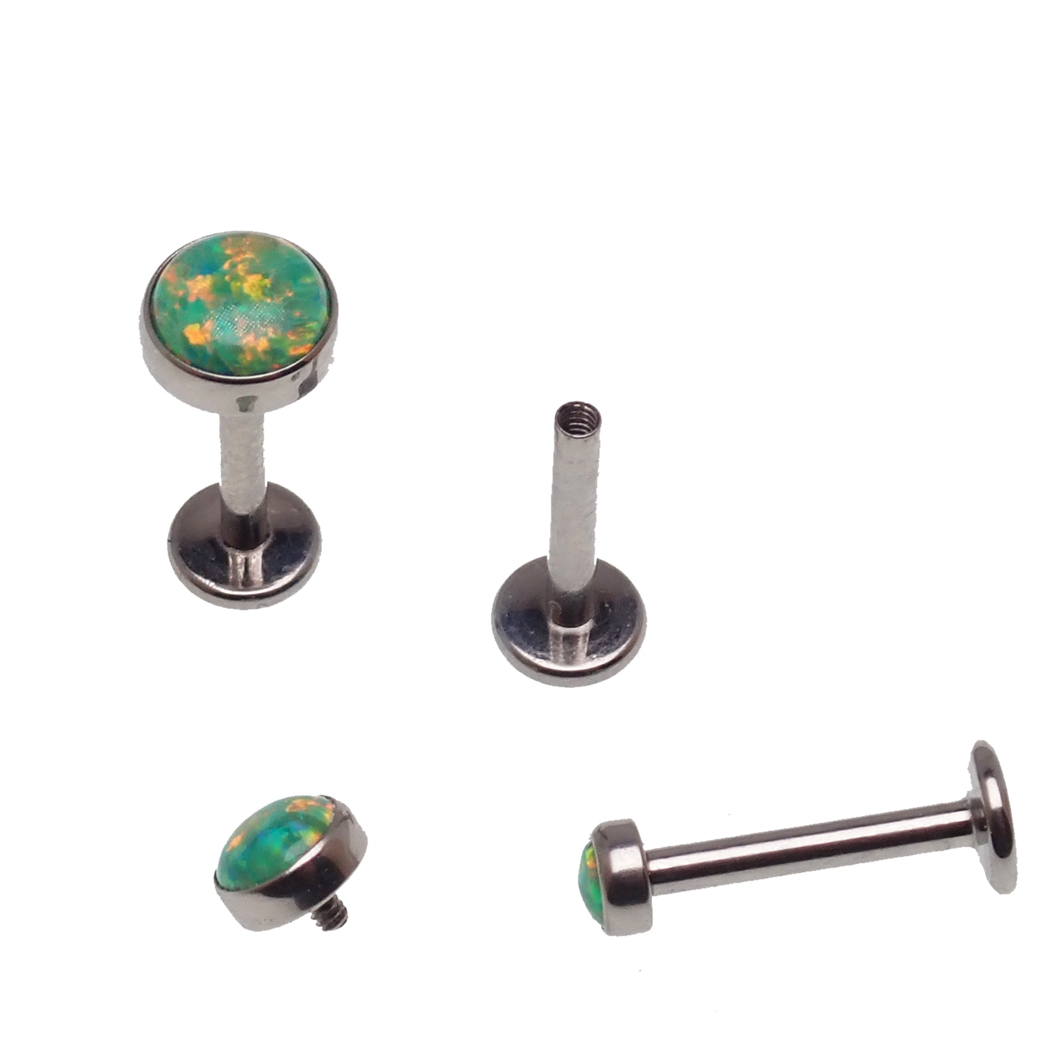 Green olive opal flat back body piercing jewelry by Body Clickers in 14g, 16g, and 18g gauges, with a sleek silver tone.