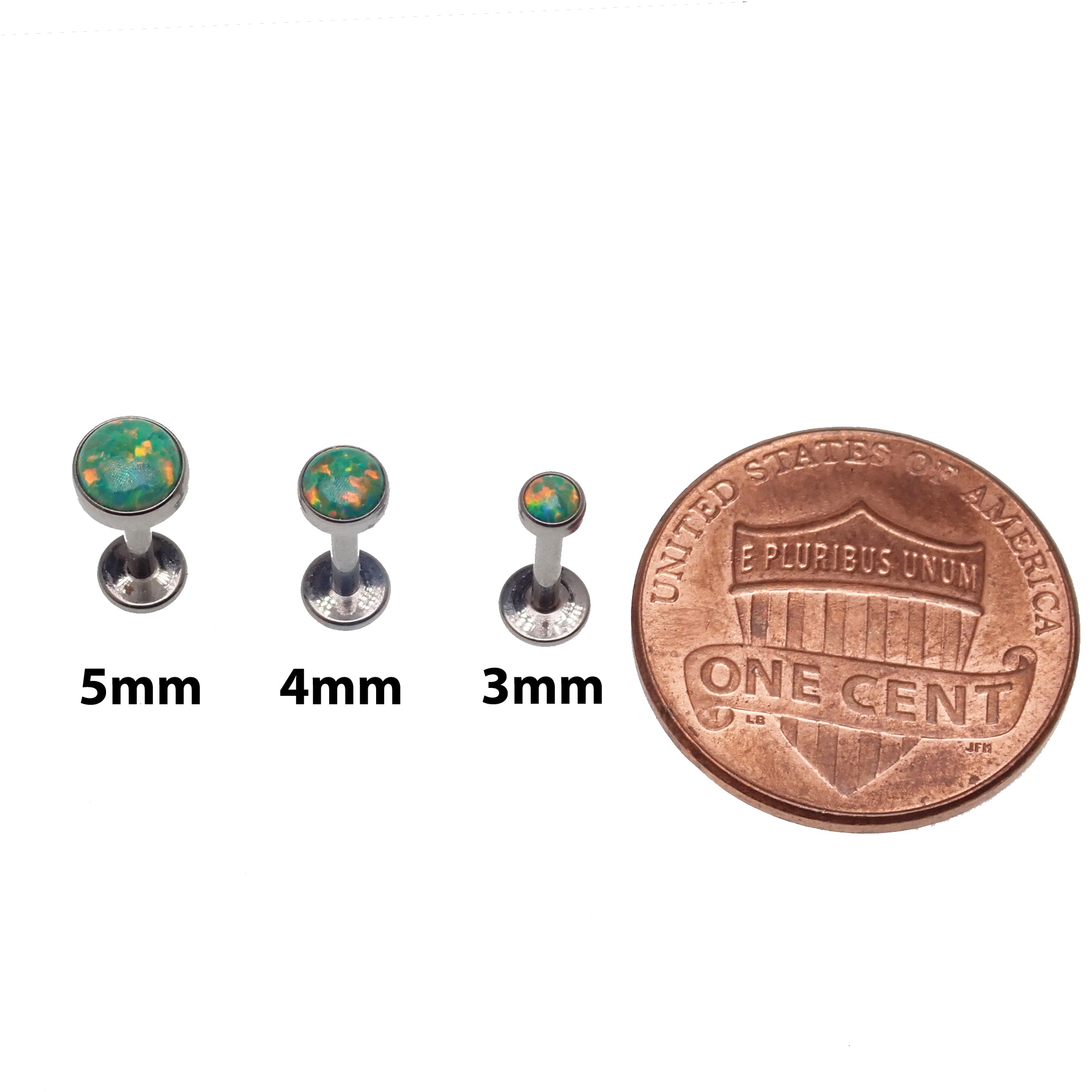 Green olive opal flat back piercing from Body Clickers in 14g, 16g, or 18g body jewelry with a sleek 3mm or 6mm design.