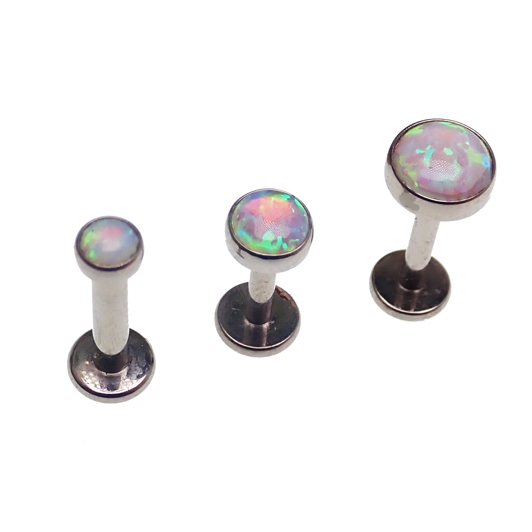 Opalite Peach Opal flat back body piercing by Body Clickers in 14g, 16g, and 18g sizes, showcasing smooth gemstone design.