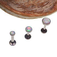 Opalite peach opal flat back body piercing in 14g, 16g, or 18g from Body Clickers, showcasing the smooth, colorful gemstone jewelry.