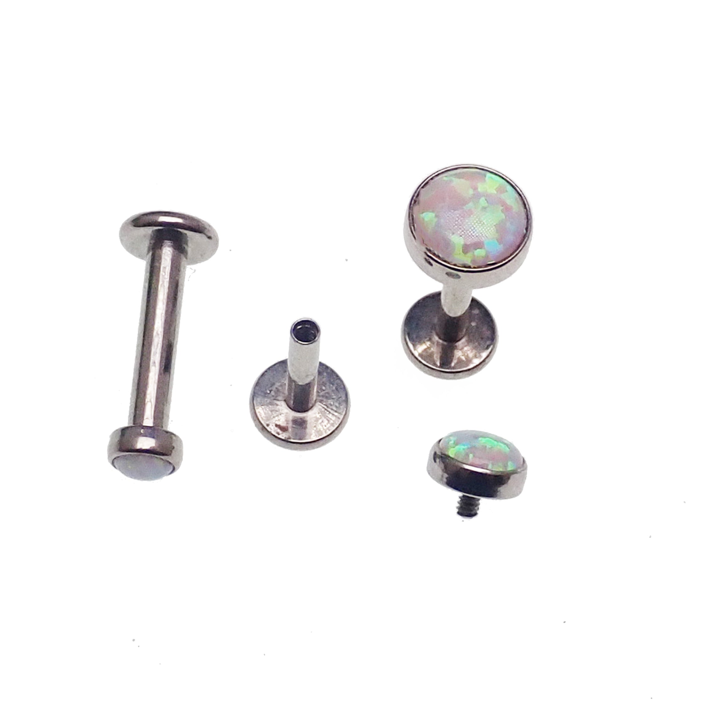 Opalite peach opal flat back body piercing by Body Clickers in 14g, 16g, or 18g gauge, showing the jewelry's smooth, colorful design.