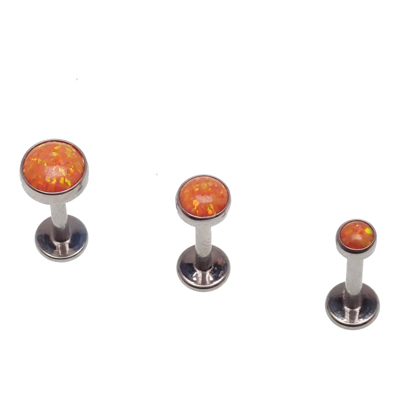 Orange Fire Opal flat back body piercing jewelry in 14g, 16g, and 18g gauges, featuring a small 3mm or 6mm gemstone.