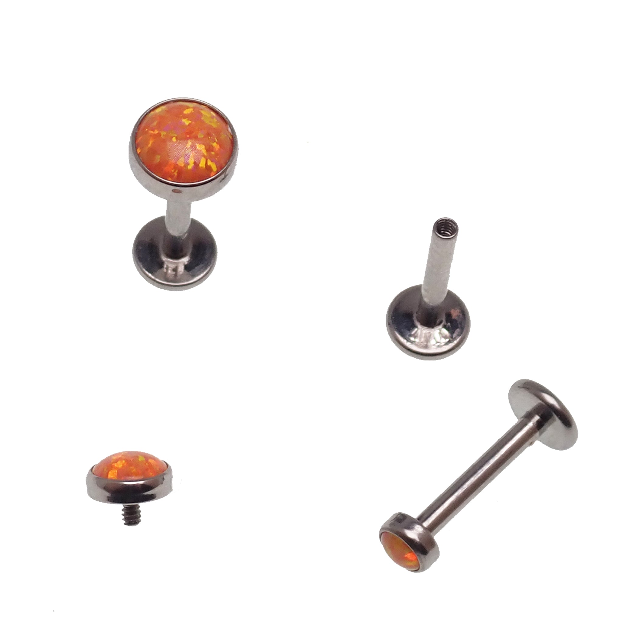 Orange Fire Opal flat back body jewelry piercing by Body Clickers in 14g, 16g, and 18g gauges, featuring a 3mm or 6mm gemstone.
