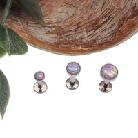 Unicorn opal flat back body piercing in 14g, 16g, or 18g by Body Clickers, featuring a colorful 3mm or 6mm gemstone.