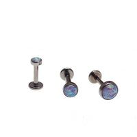 Unicorn opal flat back piercing in 14g, 16g, 18g, body jewelry by Body Clickers, showcasing the colorful gemstone and smooth metal finish.