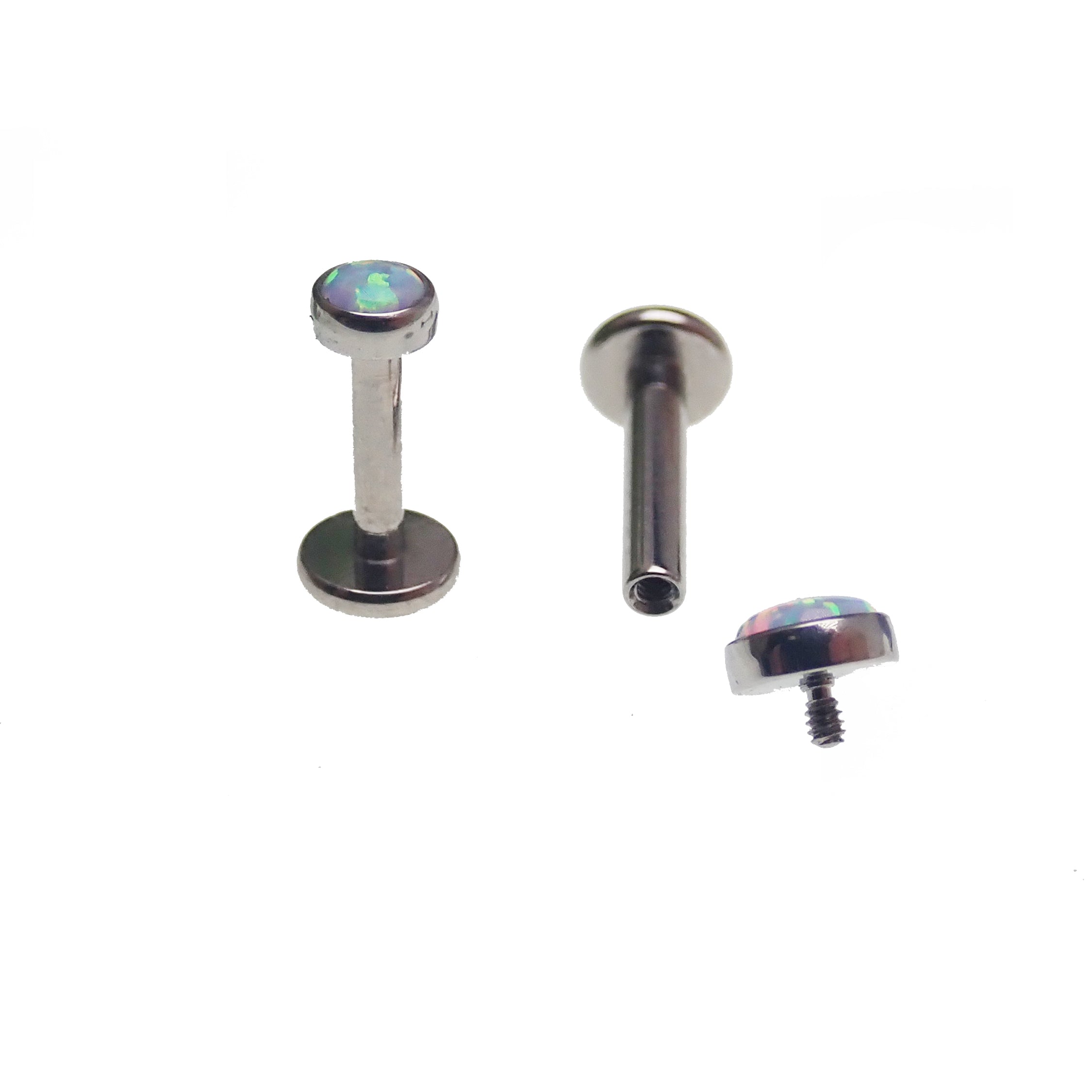 Unicorn opal flat back body piercing in 14g, 16g, or 18g gauge, from Body Clickers, with a sleek, colorful gemstone design.
