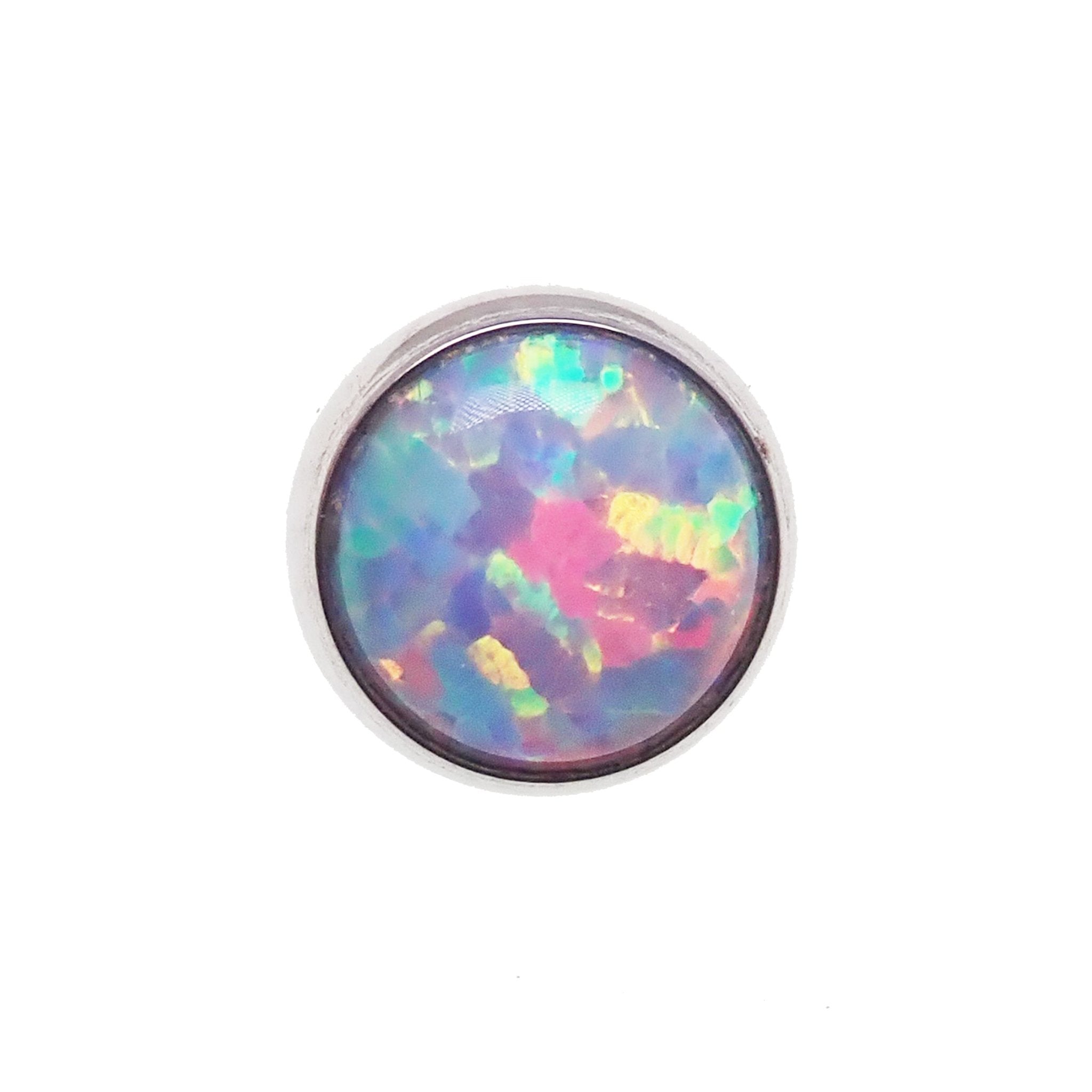 Unicorn opal flat back body piercing by Body Clickers in 14g, 16g, or 18g with colorful gemstone design.