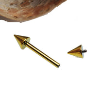 Internally threaded titanium barbell with cone spikes, 14g, from Body Clickers Body Jewelry, featuring a sleek, spiked design.
