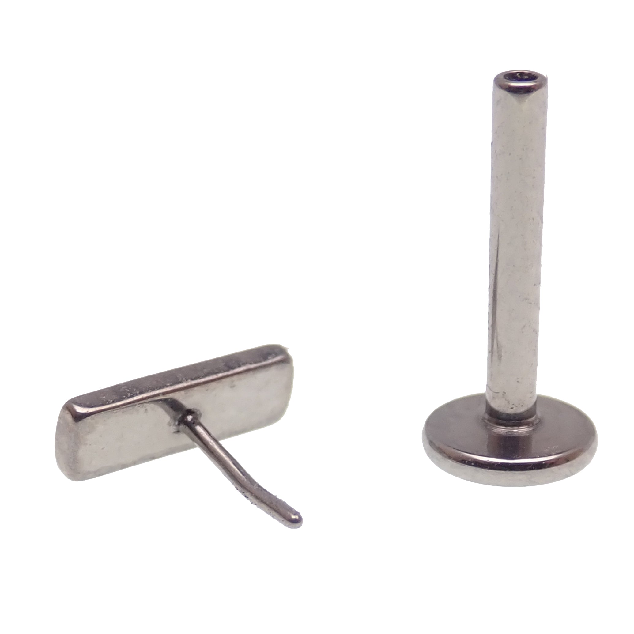 Minimalist flat bar push fit titanium earring in 14g, 16g, 18g, or 20g, body jewelry by Body Clickers, showing the sleek design.