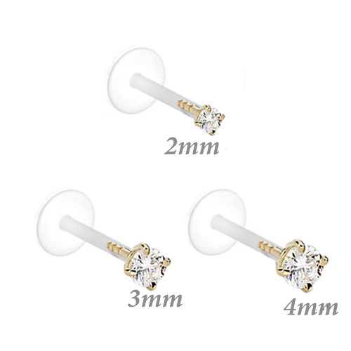 14k gold bioflex push fit body jewelry with CZ stones in 16g size, featuring a sleek design and durable construction.