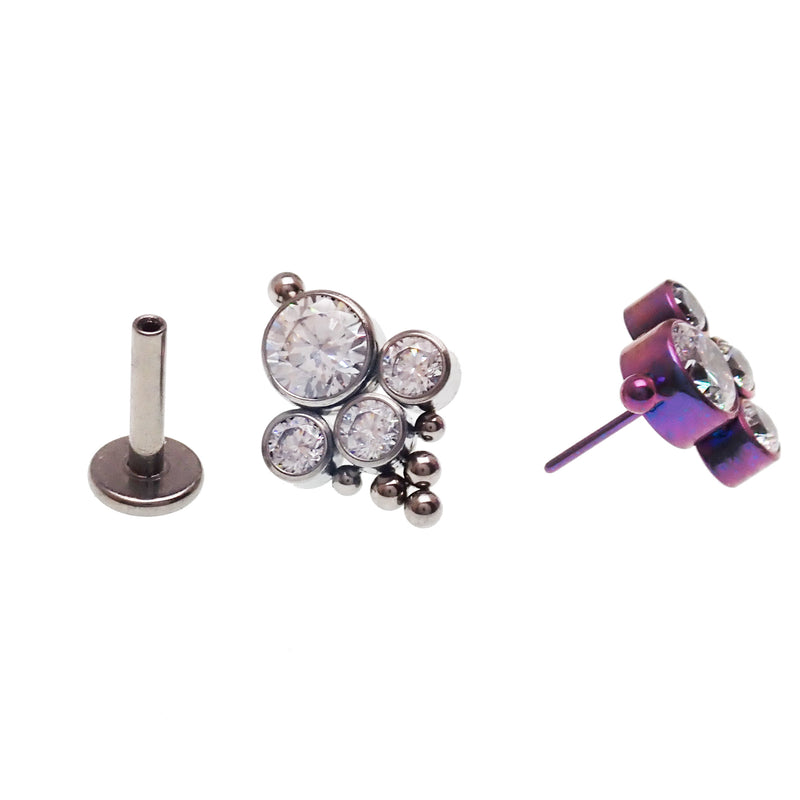 Body Clickers clear CZ and beaded multi-cluster flat back body jewelry in multiple gauge sizes, showcasing detailed design and sparkling stones.