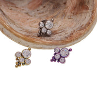 Body Clickers clear CZ and beaded multi-cluster flat back body jewelry in 14g to 20g sizes, featuring sparkling stones and intricate design.