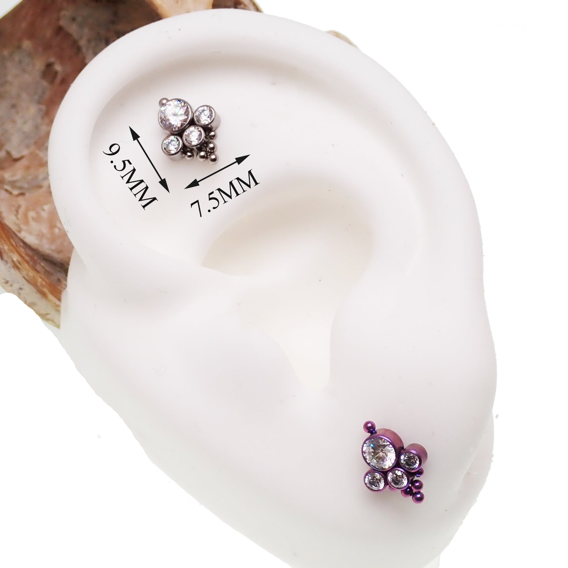 Clear CZ and beaded multi-cluster body jewelry in flat back design, available in 14g to 20g, by Body Clickers.