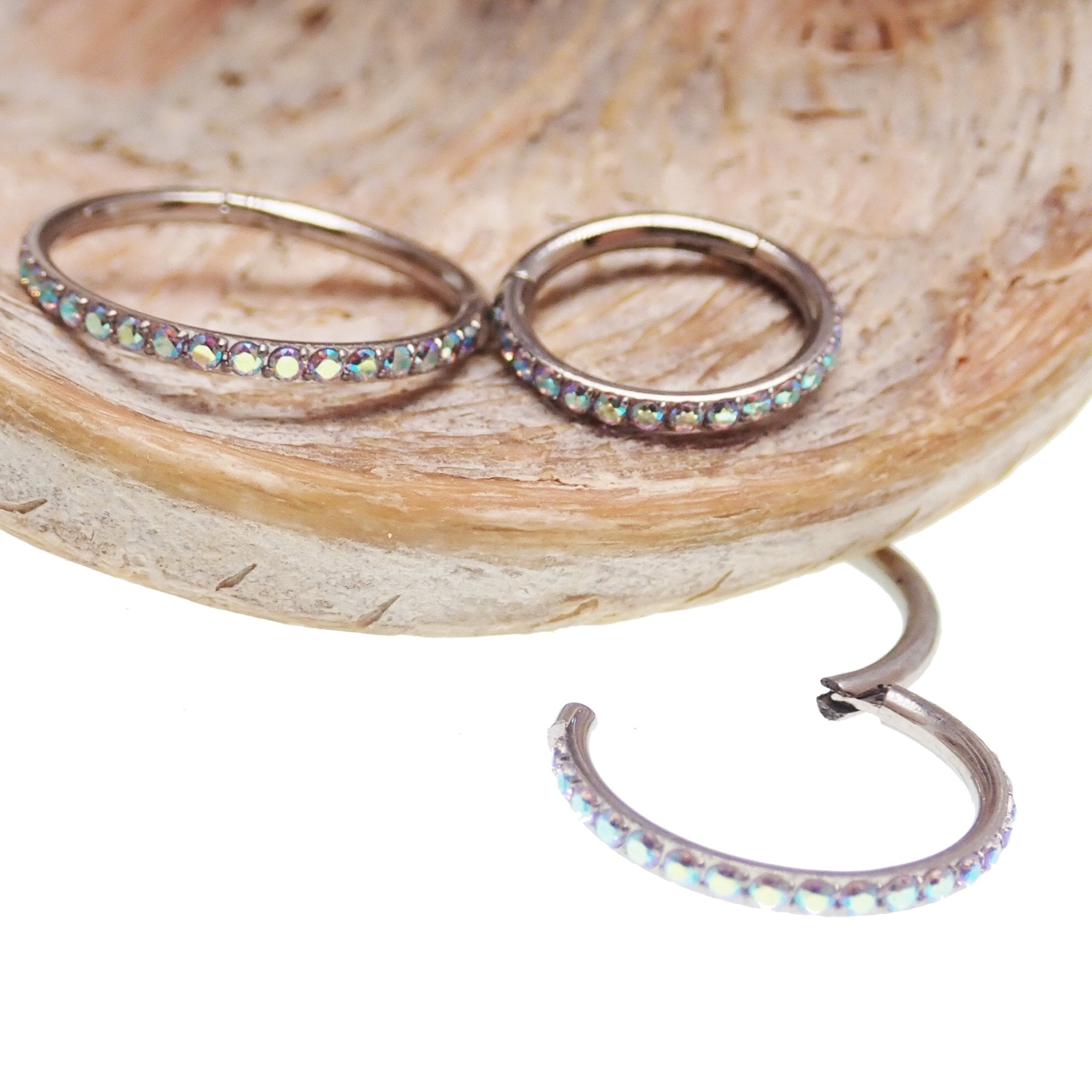 Sparkly titanium CZ clicker body jewelry, 16g, with 6mm AB rhinestones from Body Clickers.