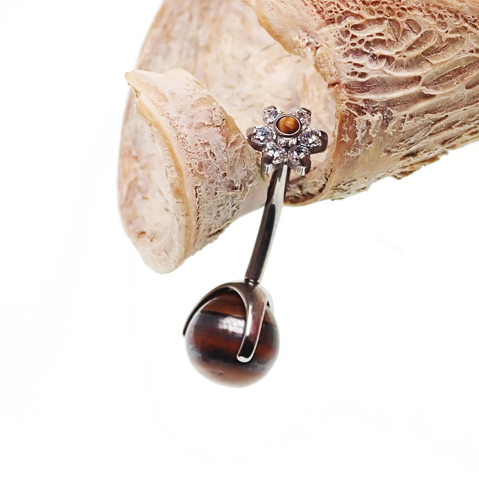 Tiger's Eye CZ flower belly bar 14g body jewelry with champagne-colored stones and a floral design from Body Clickers.